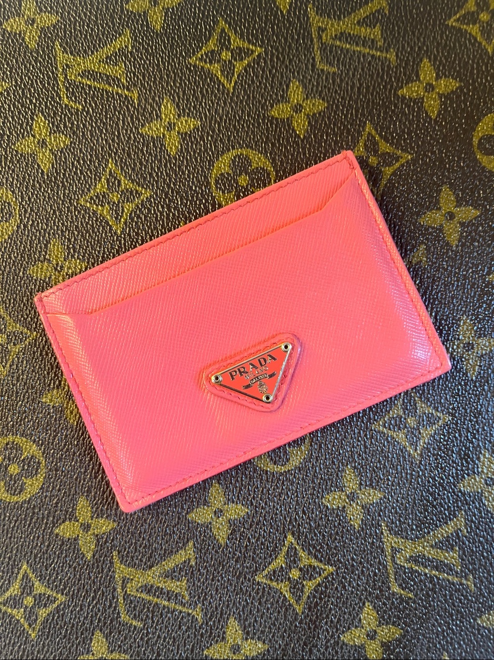 Prada Pink Saffiano Leather cardholder with iconic Triangle Logo